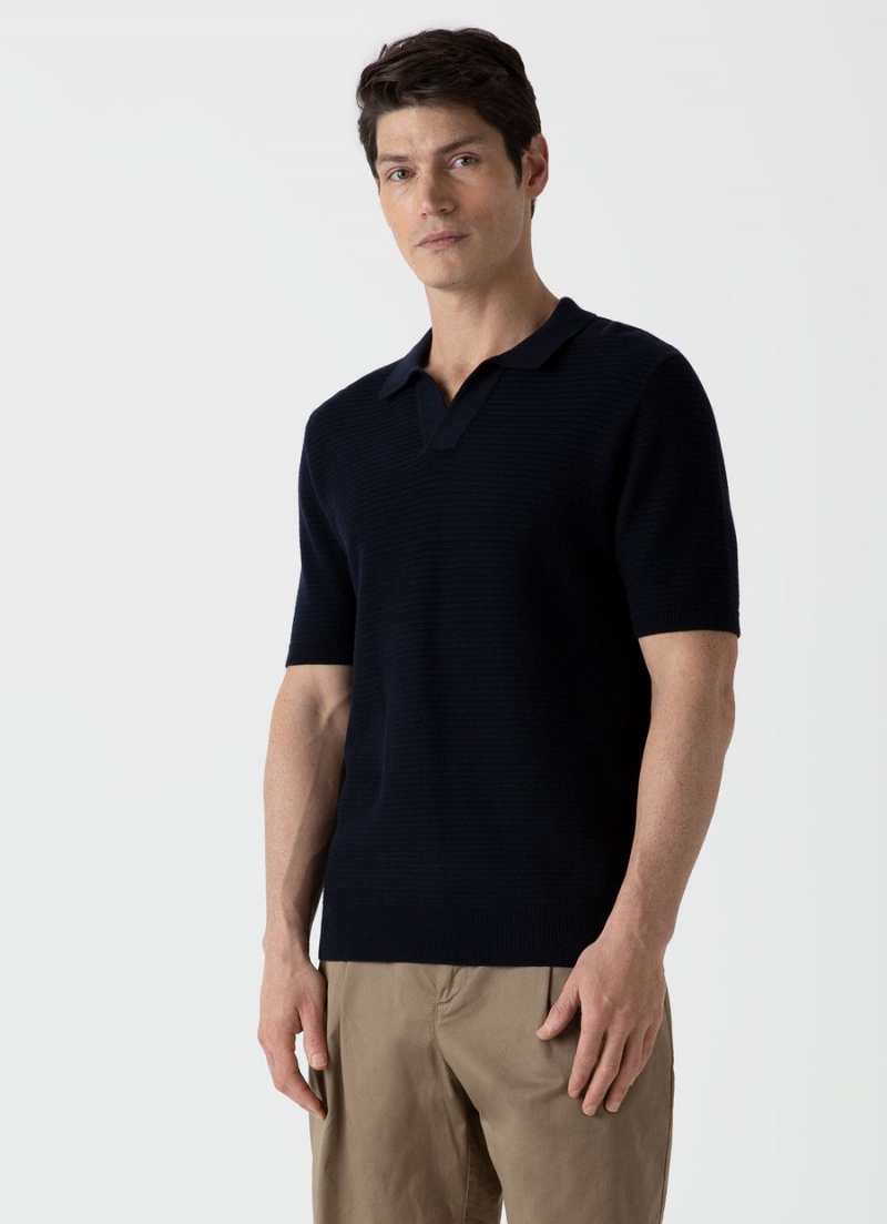 Navy Sunspel Open Textured Polo Shirt | 17482-PIZL | USA