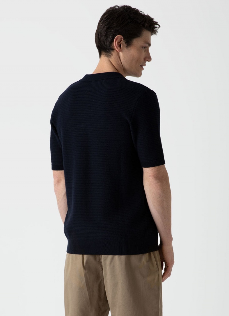 Navy Sunspel Open Textured Polo Shirt | 17482-PIZL | USA