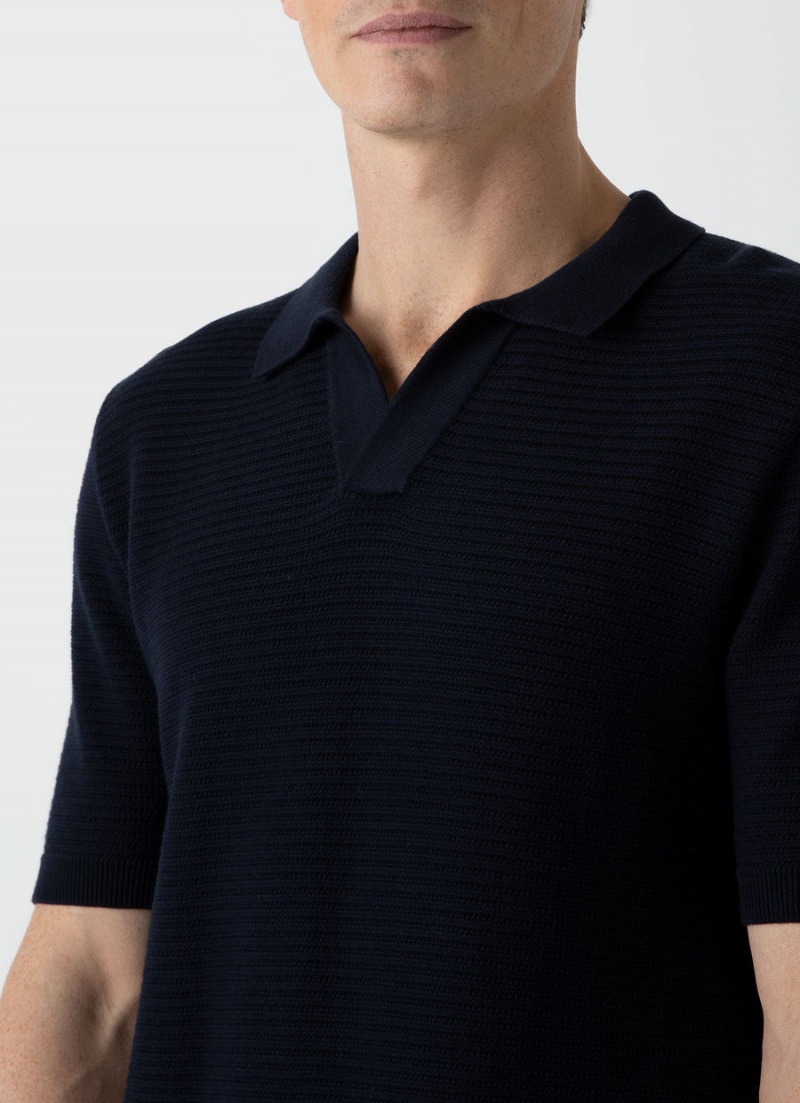 Navy Sunspel Open Textured Polo Shirt | 17482-PIZL | USA