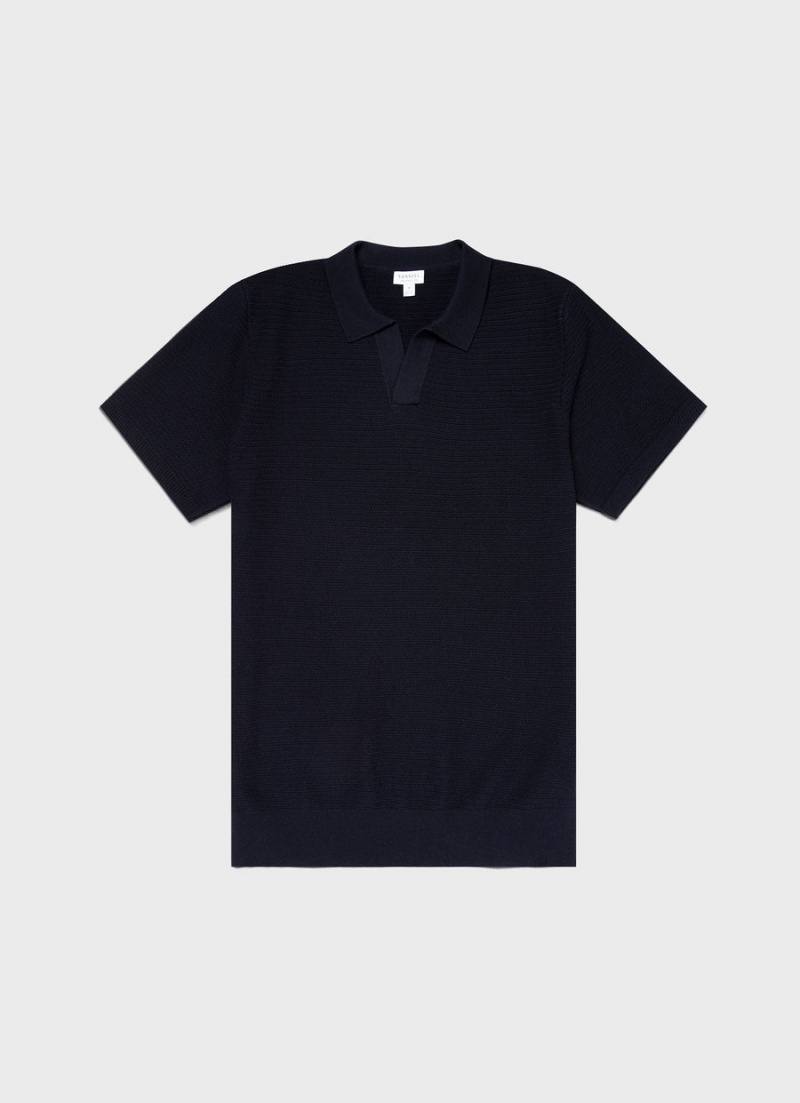 Navy Sunspel Open Textured Polo Shirt | 17482-PIZL | USA