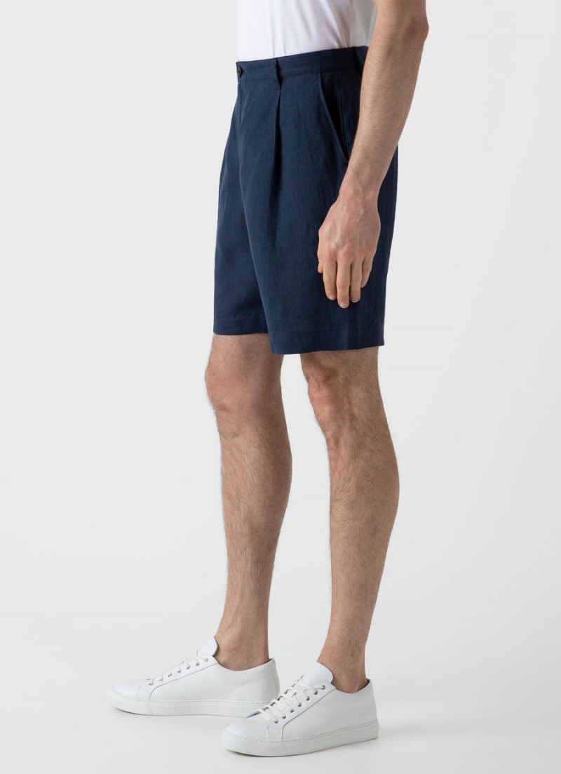 Navy Sunspel Pleated Linen Short | 59430-SPHL | USA