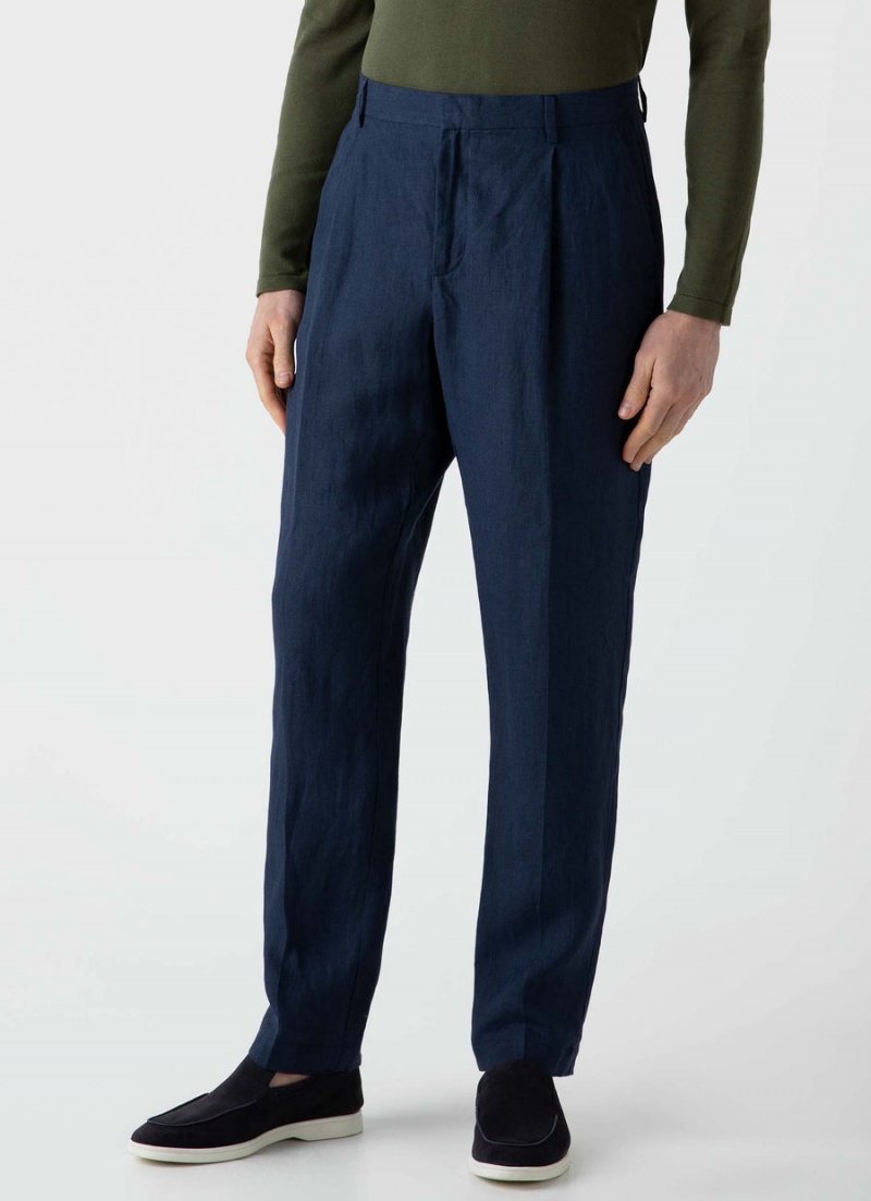 Navy Sunspel Pleated Linen Trouser | 06174-WAXH | USA