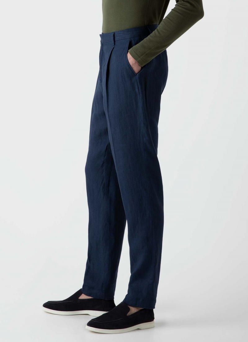 Navy Sunspel Pleated Linen Trouser | 06174-WAXH | USA