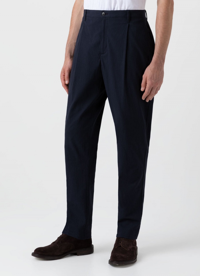 Navy Sunspel Pleated Seersucker Trouser | 17452-BZQK | USA