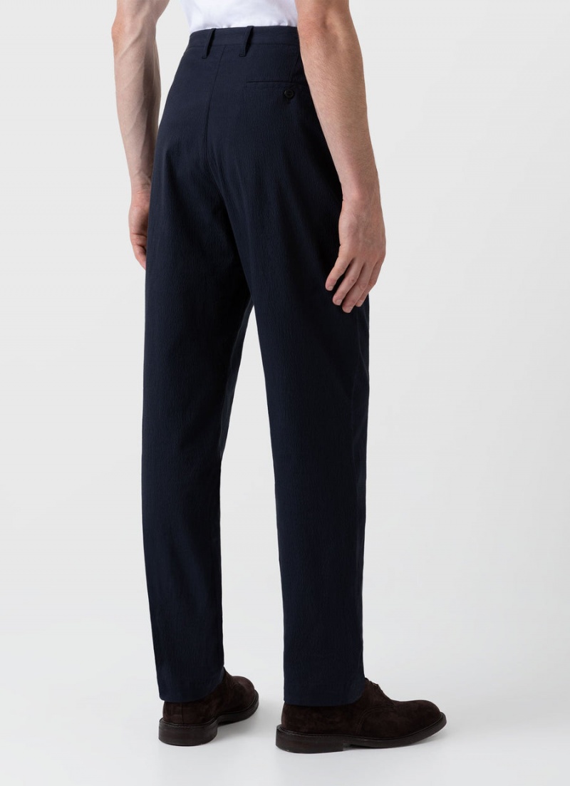 Navy Sunspel Pleated Seersucker Trouser | 17452-BZQK | USA