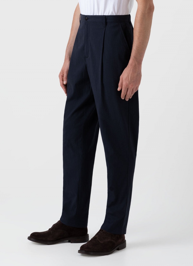 Navy Sunspel Pleated Seersucker Trouser | 17452-BZQK | USA