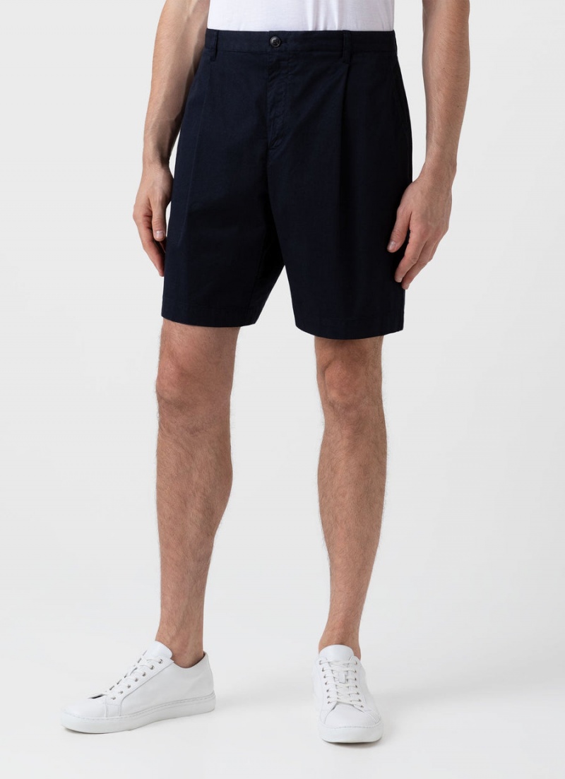 Navy Sunspel Pleated Twill Shorts | 43510-ZHBD | USA