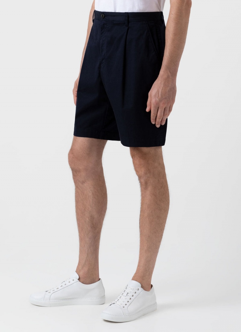 Navy Sunspel Pleated Twill Shorts | 43510-ZHBD | USA