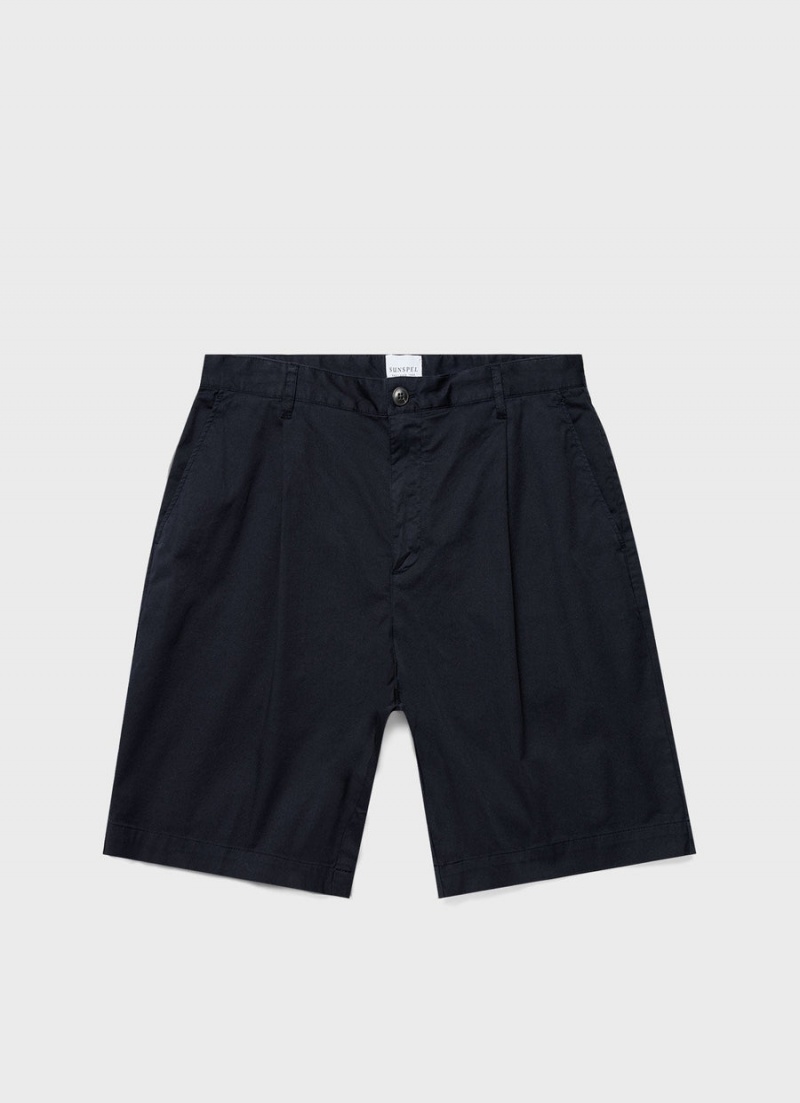 Navy Sunspel Pleated Twill Shorts | 43510-ZHBD | USA