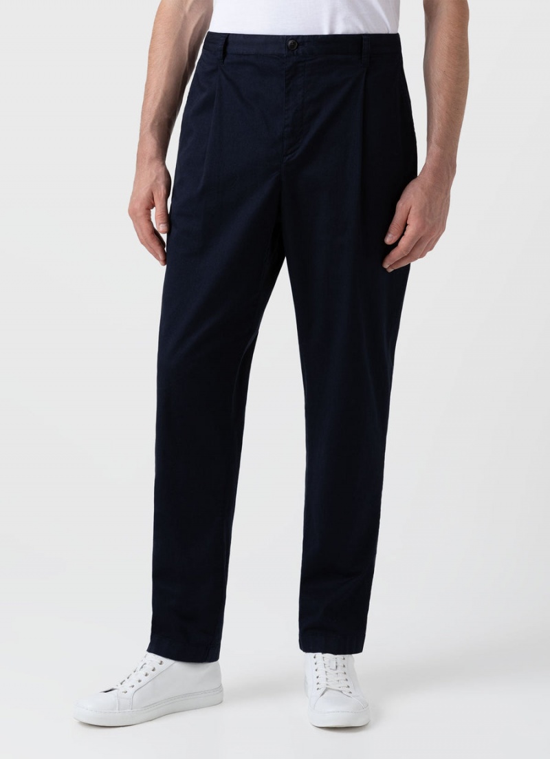 Navy Sunspel Pleated Twill Trouser | 93620-EKIZ | USA