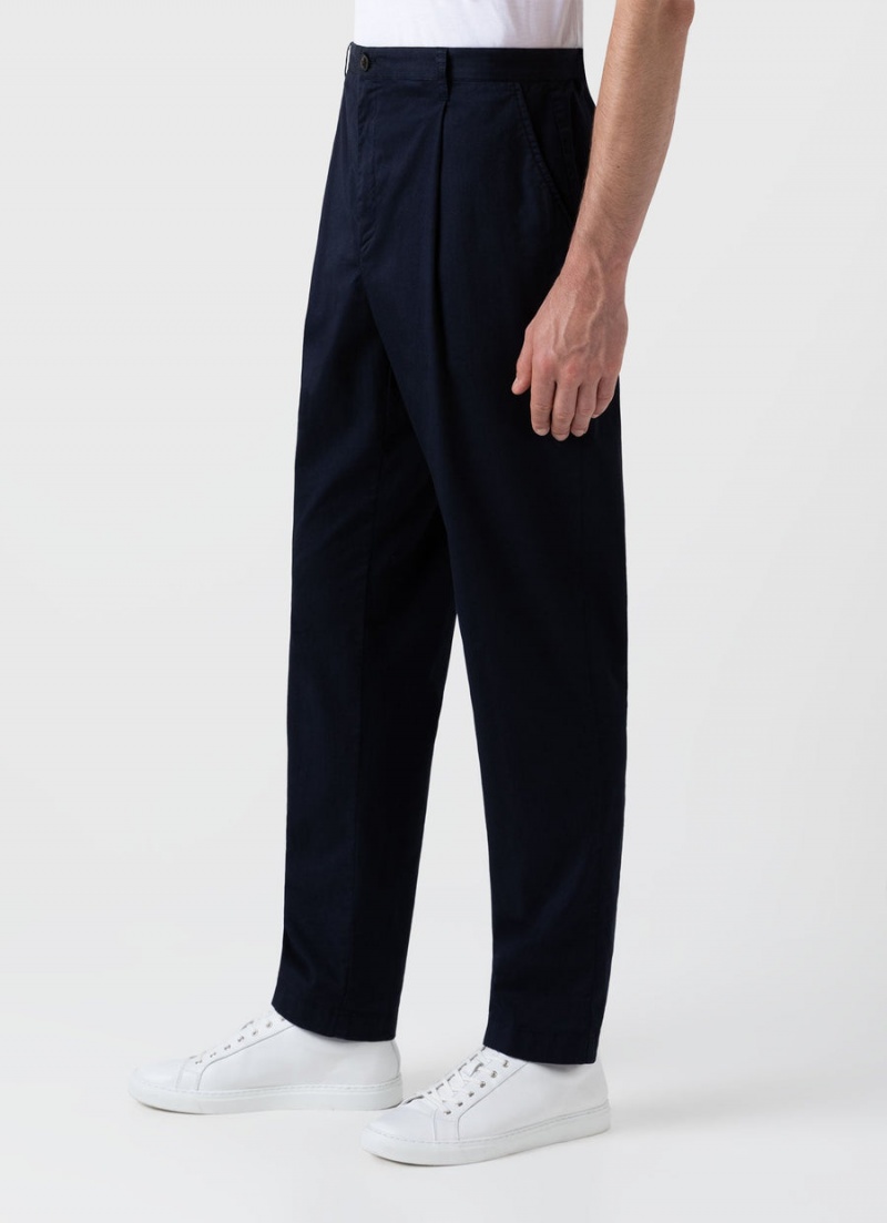 Navy Sunspel Pleated Twill Trouser | 93620-EKIZ | USA