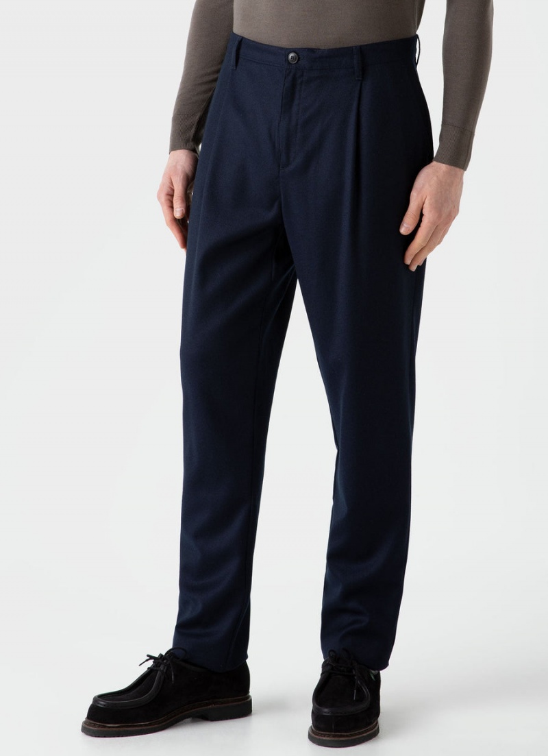 Navy Sunspel Pleated Wool Flannel Trouser | 27591-BVZF | USA