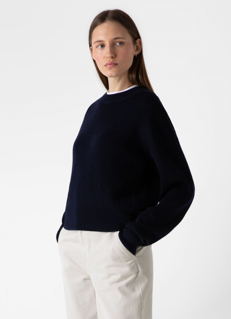 Navy Sunspel Ribbed Crew Neck Jumper | 19364-EFRQ | USA