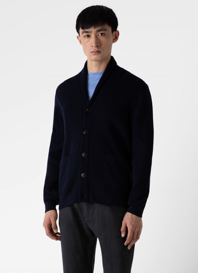 Navy Sunspel Ribbed Shawl Neck Cardigan | 56879-SYRQ | USA