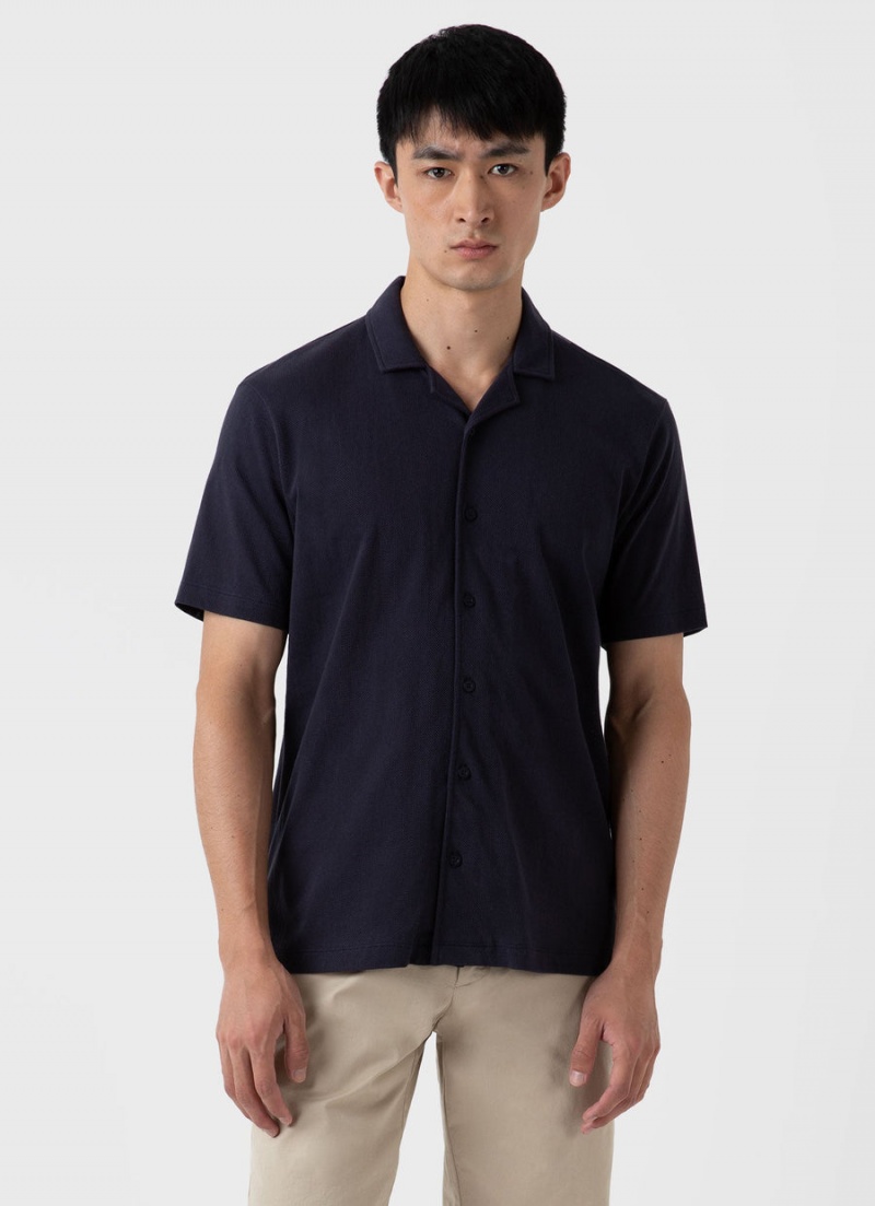 Navy Sunspel Riviera Camp Collar Shirt | 81975-ECHT | USA