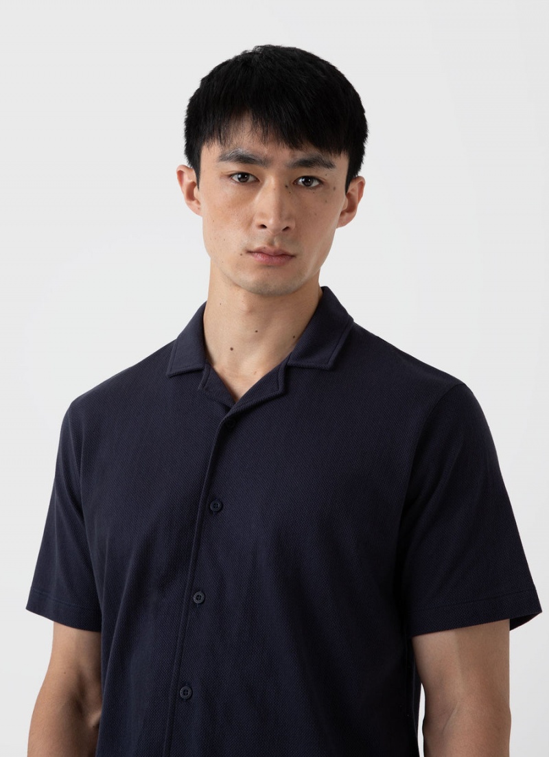 Navy Sunspel Riviera Camp Collar Shirt | 81975-ECHT | USA