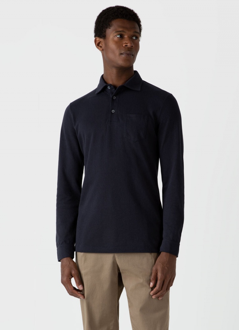 Navy Sunspel Riviera Formal Long Sleeve Polo Shirt | 26854-TLUV | USA