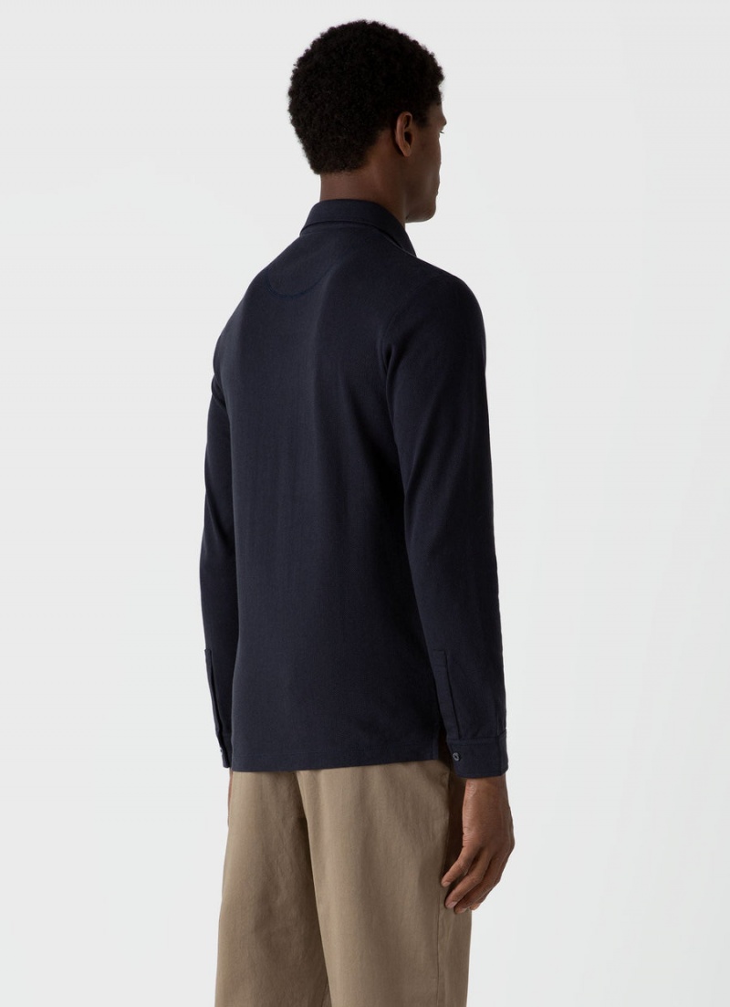 Navy Sunspel Riviera Formal Long Sleeve Polo Shirt | 26854-TLUV | USA