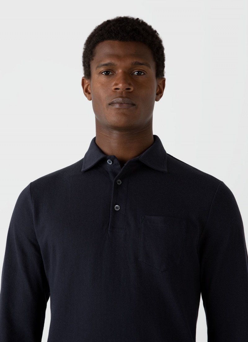 Navy Sunspel Riviera Formal Long Sleeve Polo Shirt | 26854-TLUV | USA