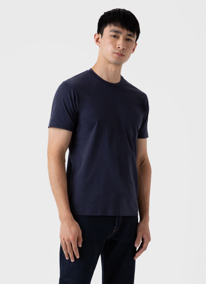 Navy Sunspel Riviera Midweight Pocket T-shirt | 40513-HKXJ | USA