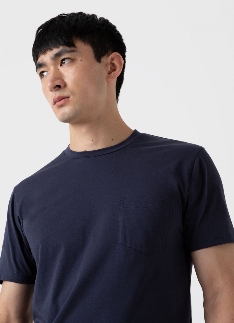 Navy Sunspel Riviera Midweight Pocket T-shirt | 40513-HKXJ | USA