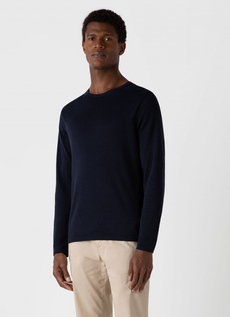 Navy Sunspel Sea Island Cotton Crew Neck Jumper | 69075-JKFQ | USA