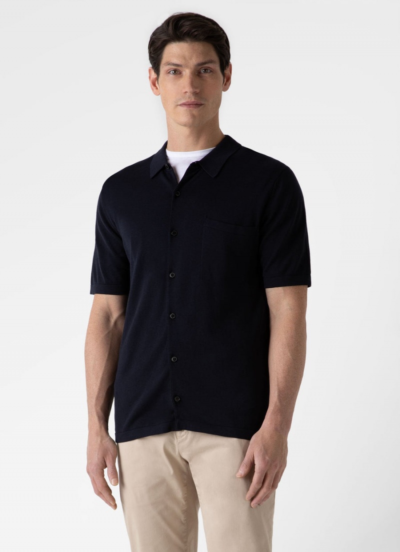 Navy Sunspel Sea Island Cotton Knit Shirt | 40158-TSYP | USA