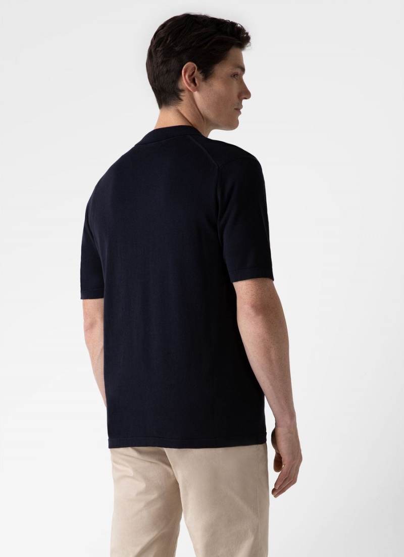 Navy Sunspel Sea Island Cotton Knit Shirt | 40158-TSYP | USA