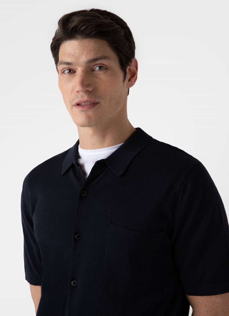 Navy Sunspel Sea Island Cotton Knit Shirt | 40158-TSYP | USA