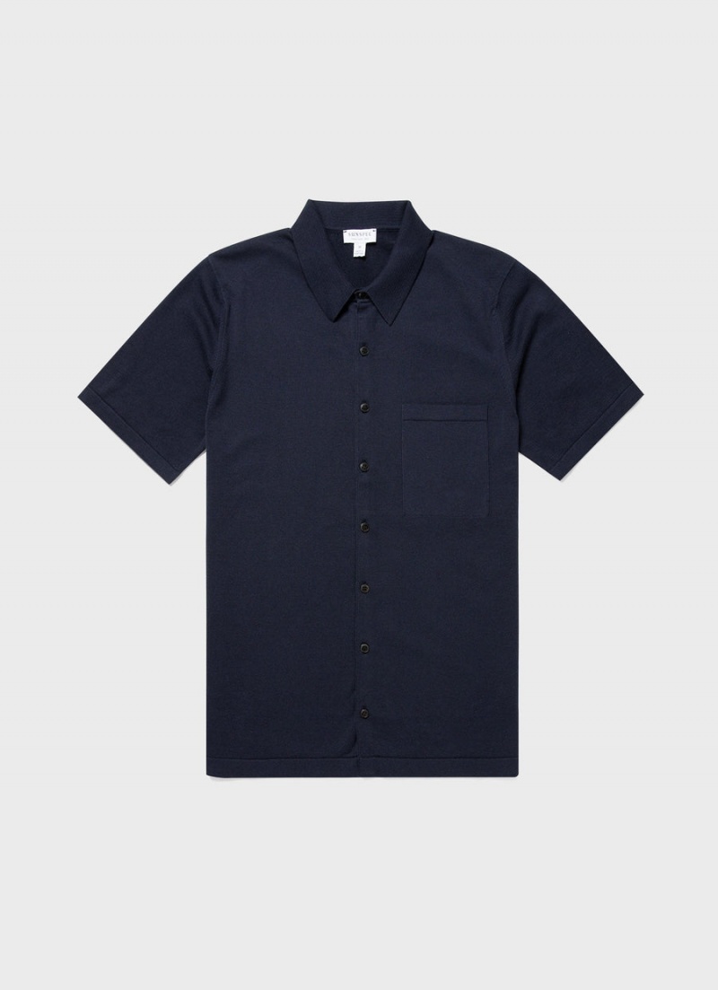 Navy Sunspel Sea Island Cotton Knit Shirt | 40158-TSYP | USA