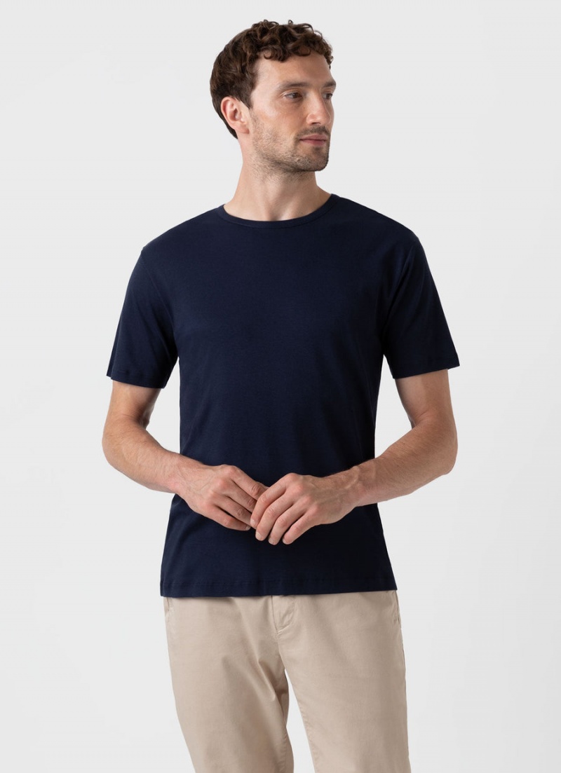 Navy Sunspel Sea Island Cotton T-shirt | 83904-LKWN | USA