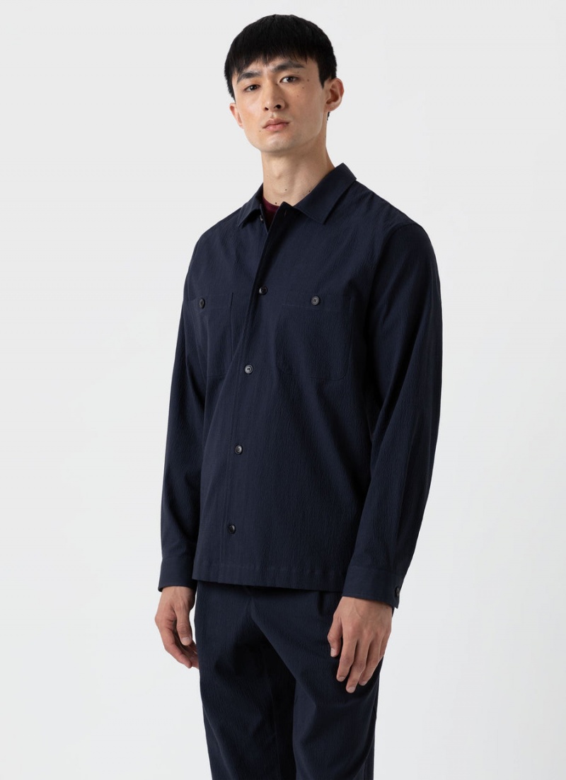 Navy Sunspel Seersucker Overshirt | 08721-GJKC | USA