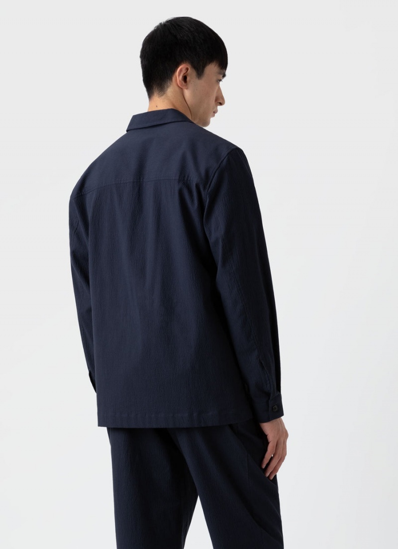 Navy Sunspel Seersucker Overshirt | 08721-GJKC | USA