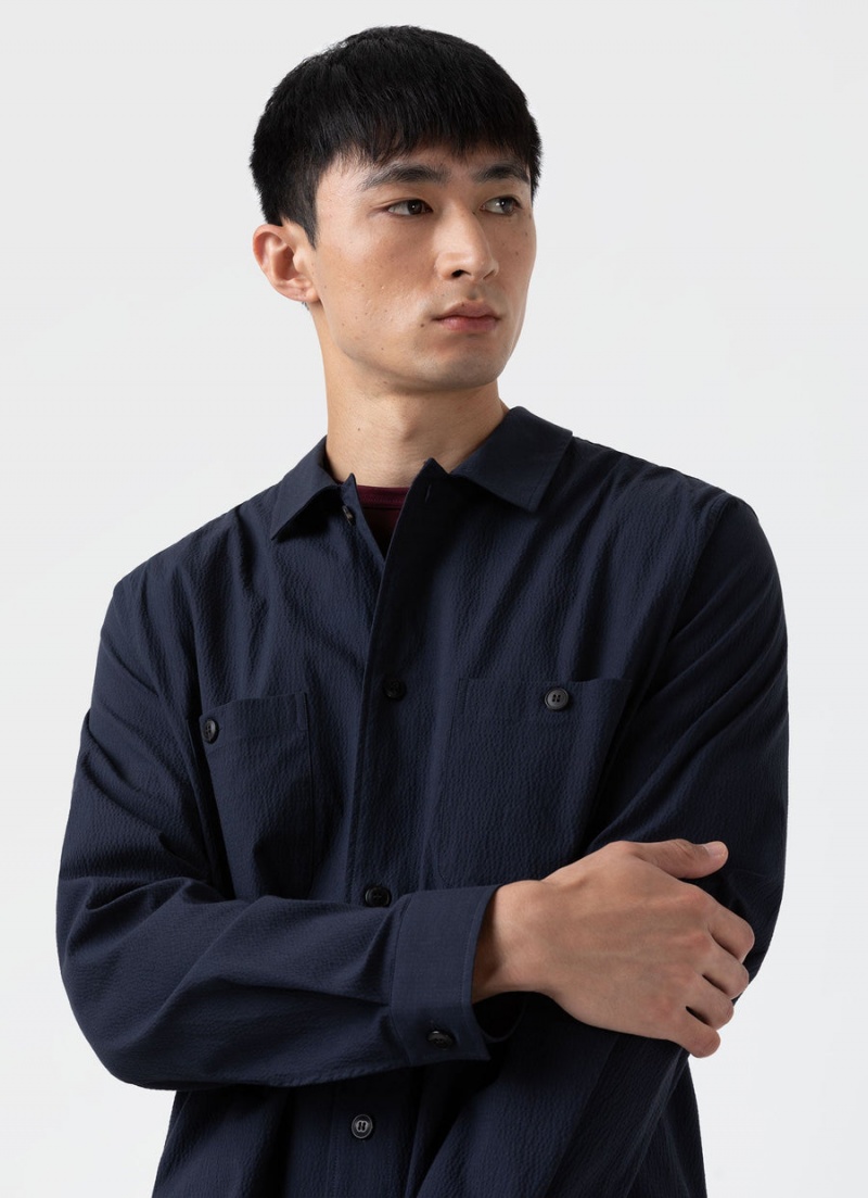 Navy Sunspel Seersucker Overshirt | 08721-GJKC | USA