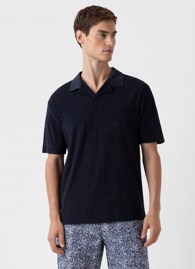 Navy Sunspel Towelling Polo Shirt | 08623-JYKS | USA