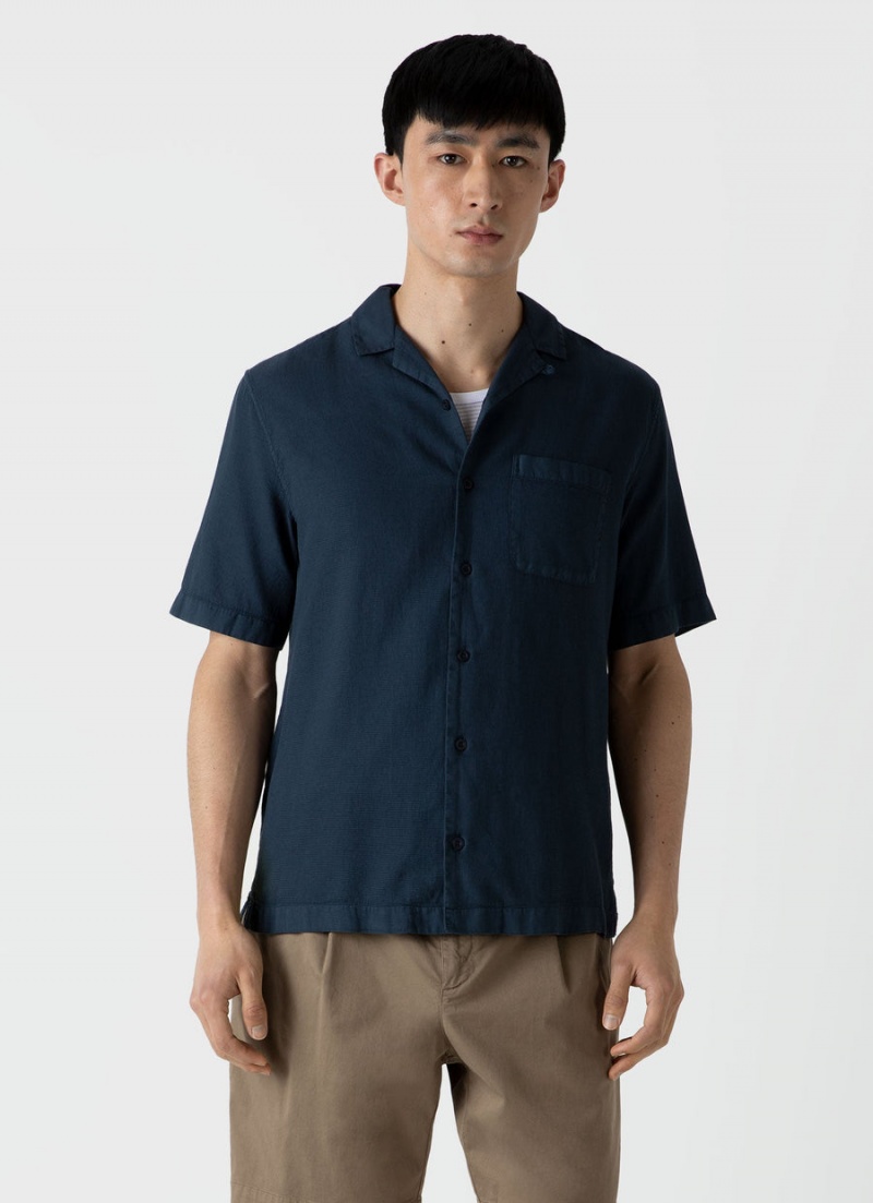 Navy Sunspel Waffle Camp Collar Shirt | 36521-QIML | USA