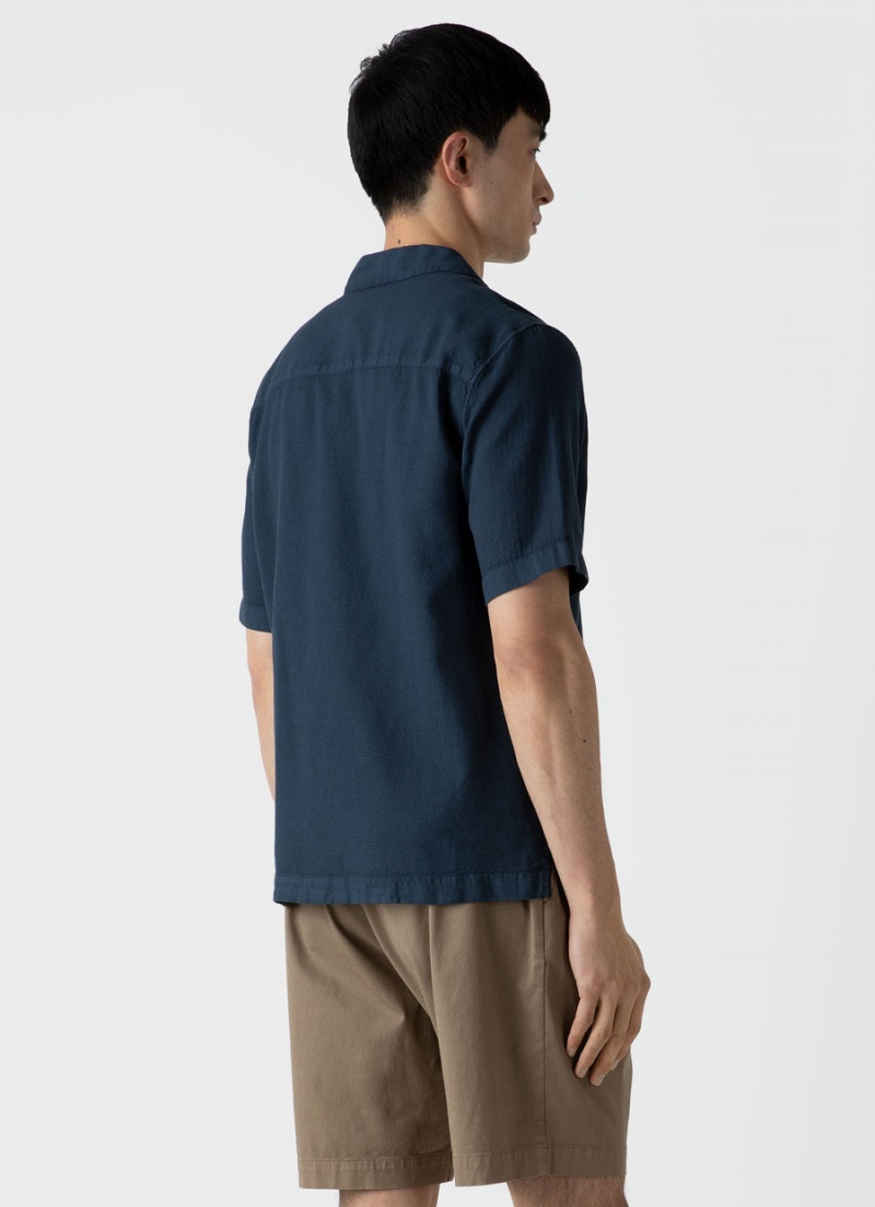 Navy Sunspel Waffle Camp Collar Shirt | 36521-QIML | USA