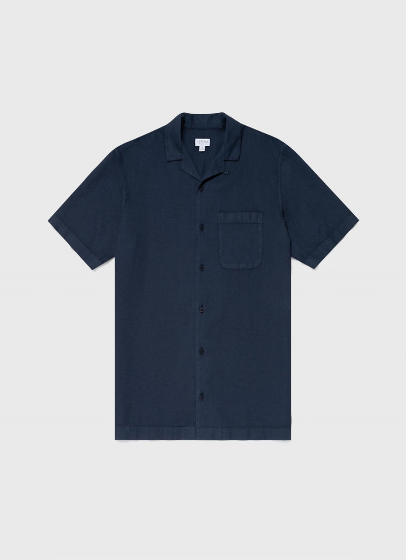 Navy Sunspel Waffle Camp Collar Shirt | 36521-QIML | USA