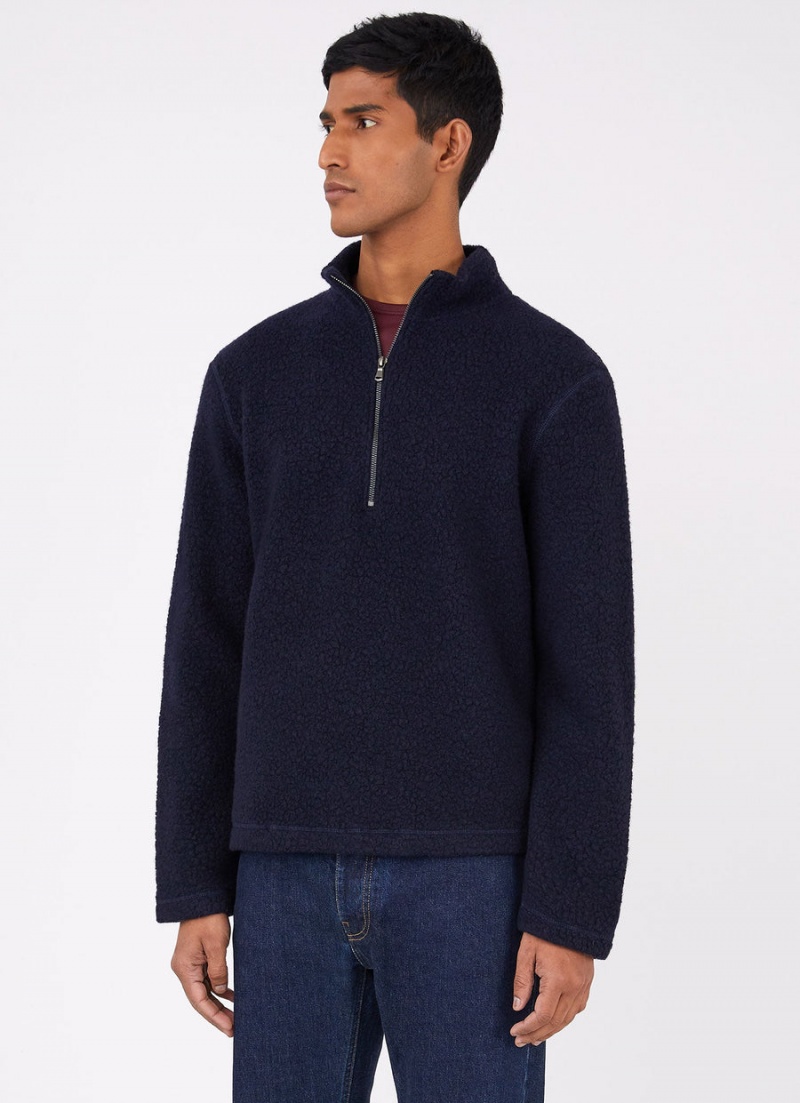 Navy Sunspel Wool Fleece Zip Neck | 04178-KDYA | USA