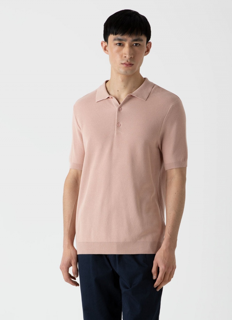 Pink Sunspel Knit Polo Shirt | 79612-EAQJ | USA