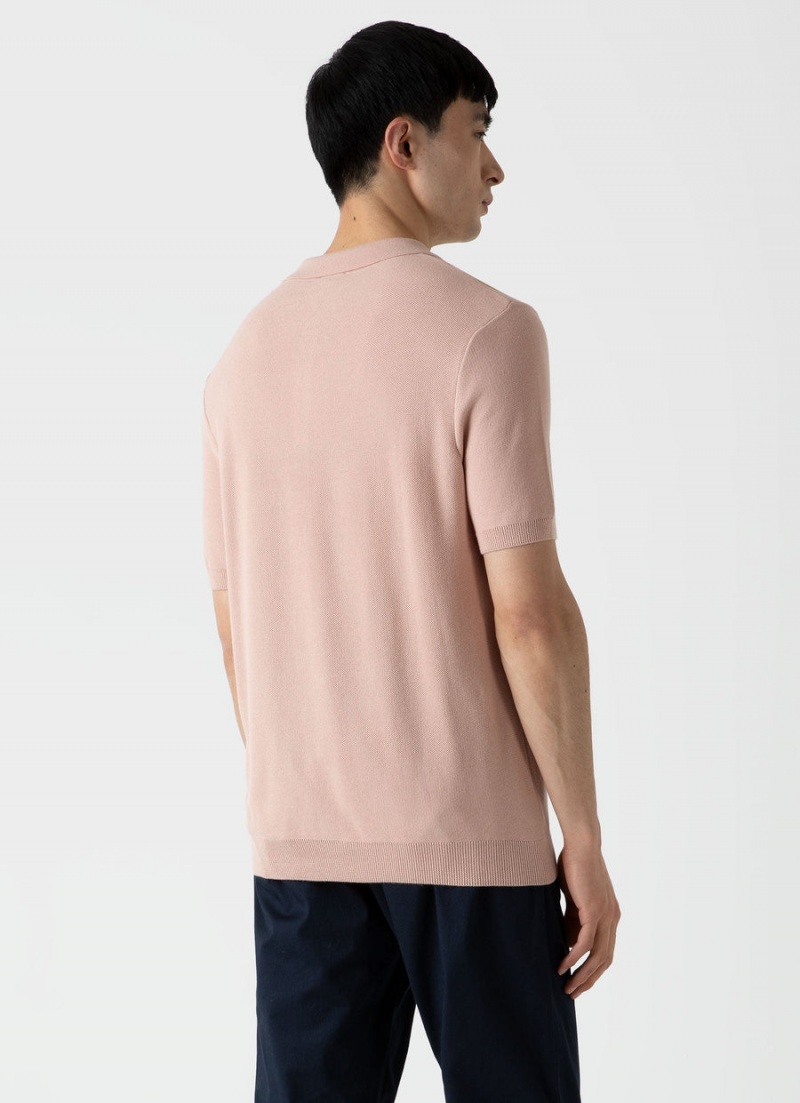 Pink Sunspel Knit Polo Shirt | 79612-EAQJ | USA