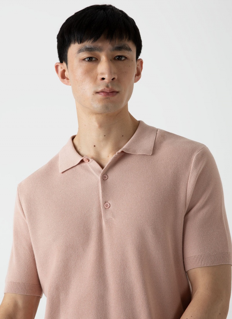 Pink Sunspel Knit Polo Shirt | 79612-EAQJ | USA