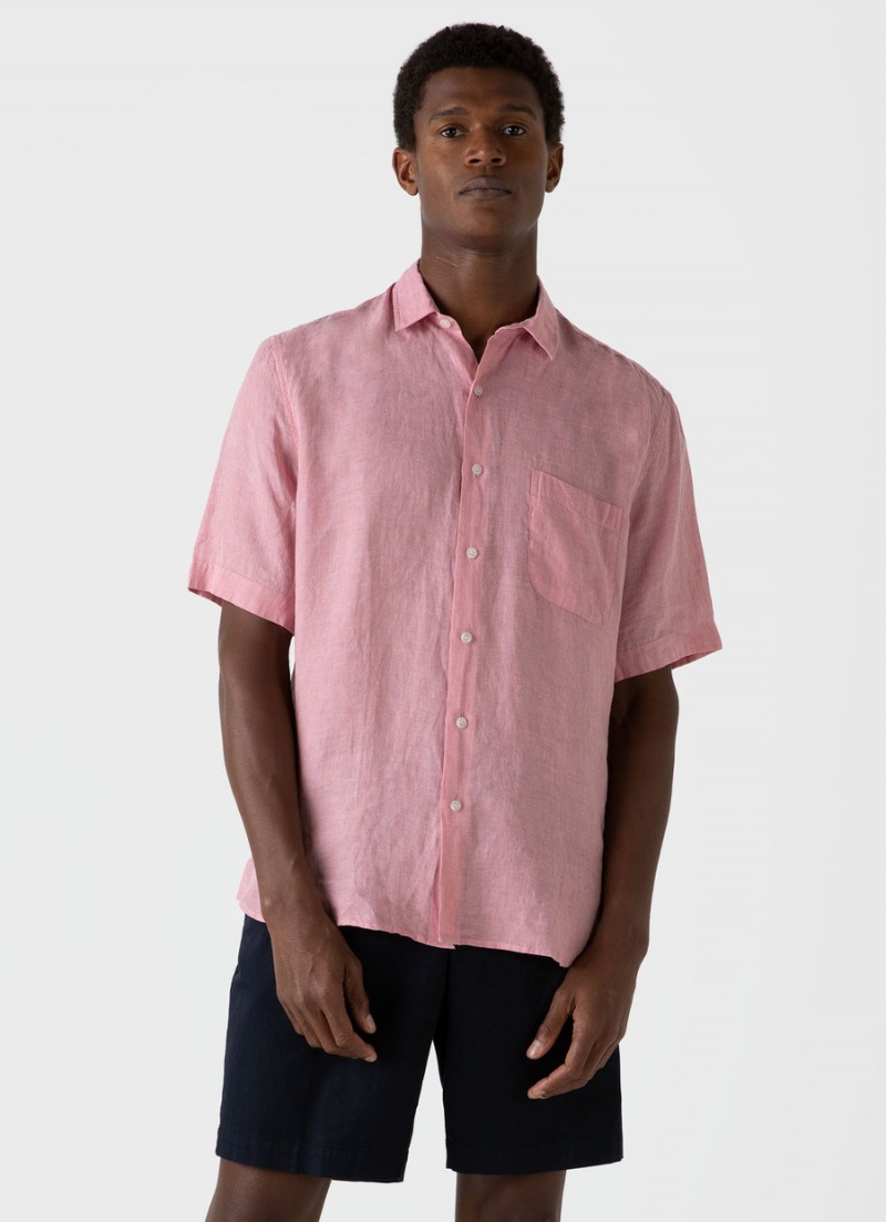 Pink Sunspel Short Sleeve Linen Shirt | 59634-PLWD | USA