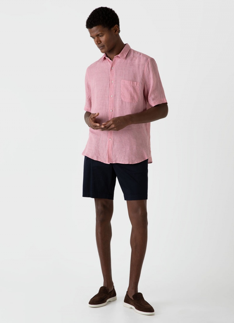 Pink Sunspel Short Sleeve Linen Shirt | 59634-PLWD | USA