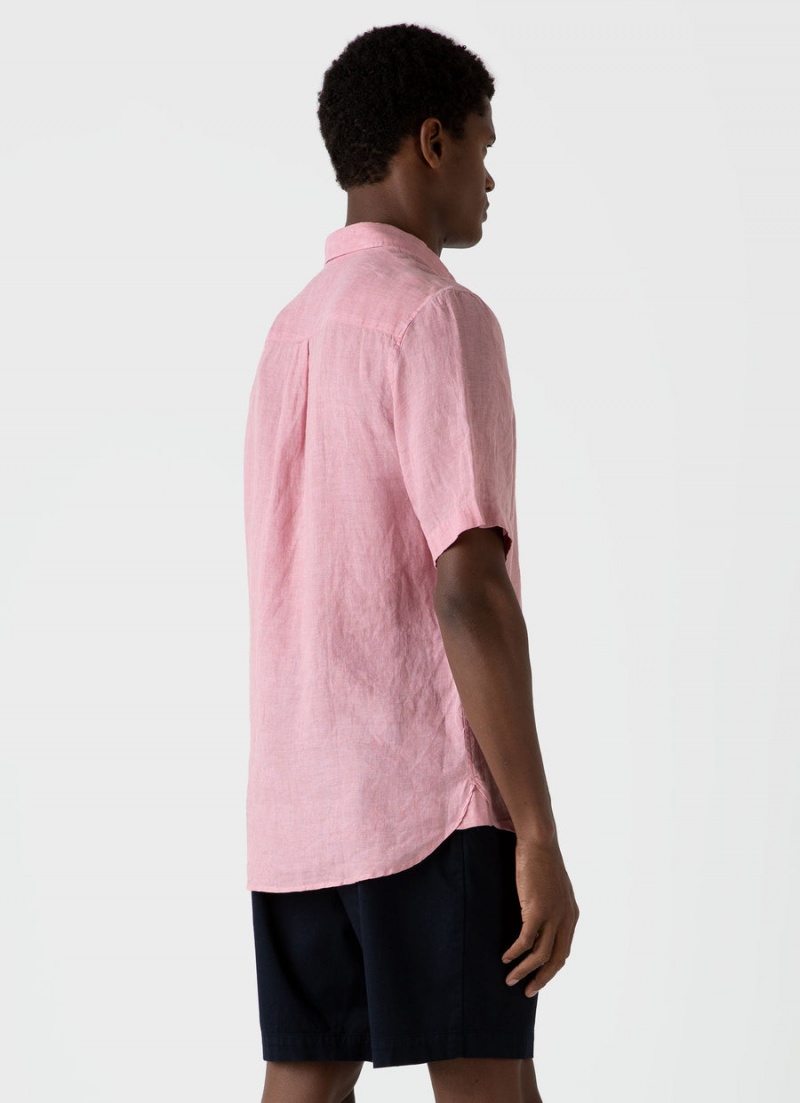 Pink Sunspel Short Sleeve Linen Shirt | 59634-PLWD | USA