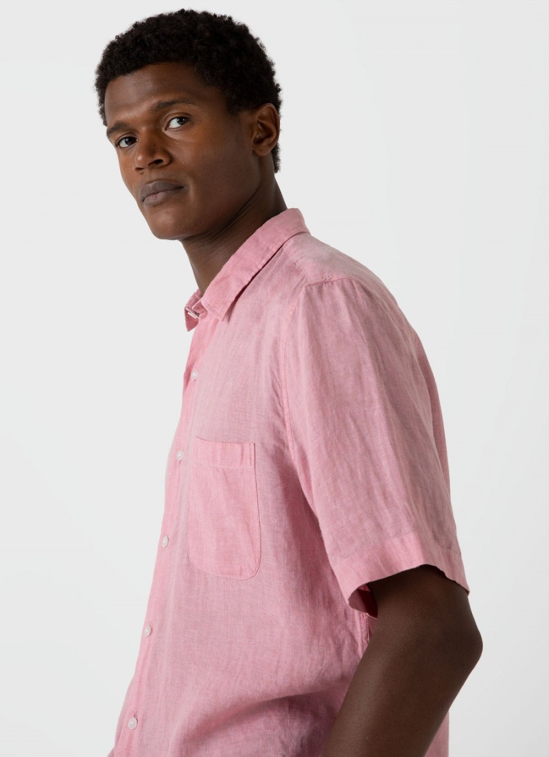 Pink Sunspel Short Sleeve Linen Shirt | 59634-PLWD | USA