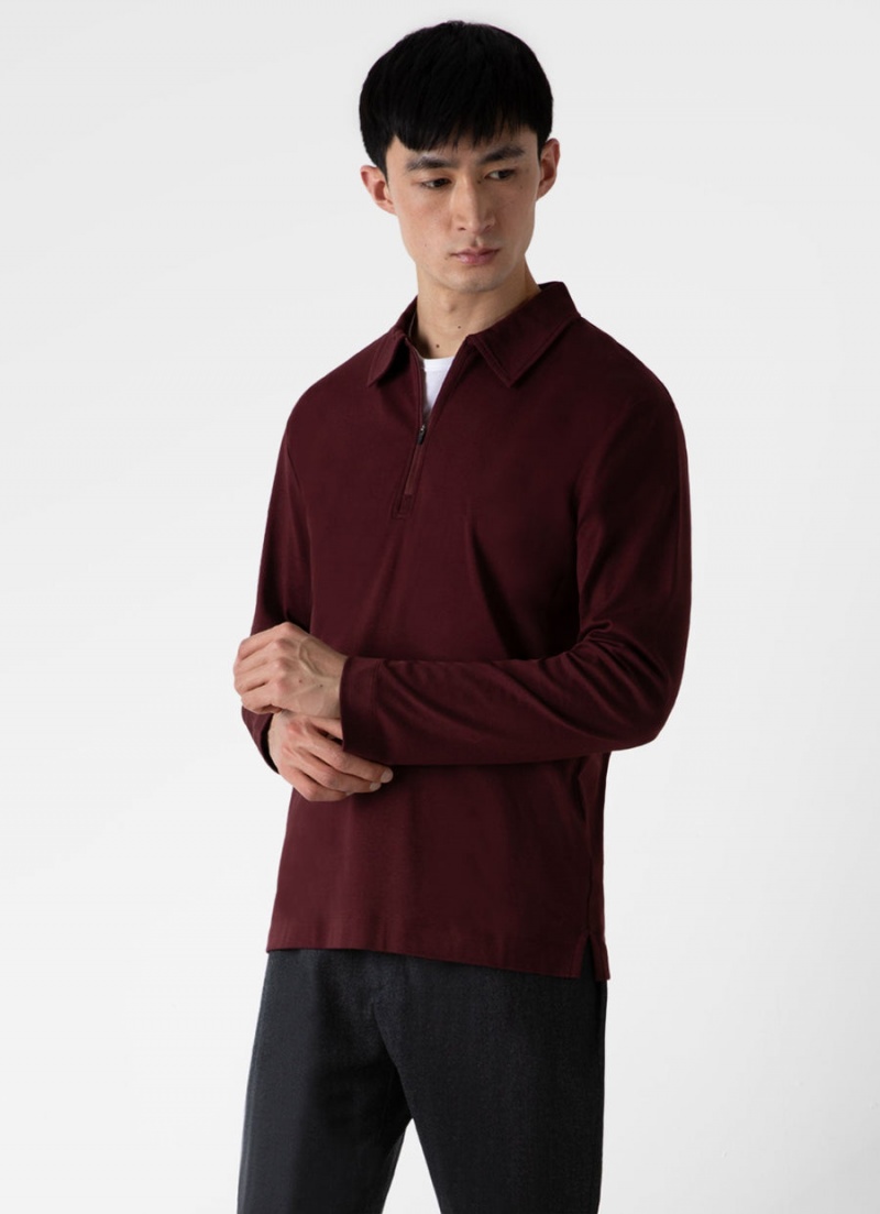 Red Sunspel Half Zip Heavyweight Polo Shirt | 61079-ULND | USA