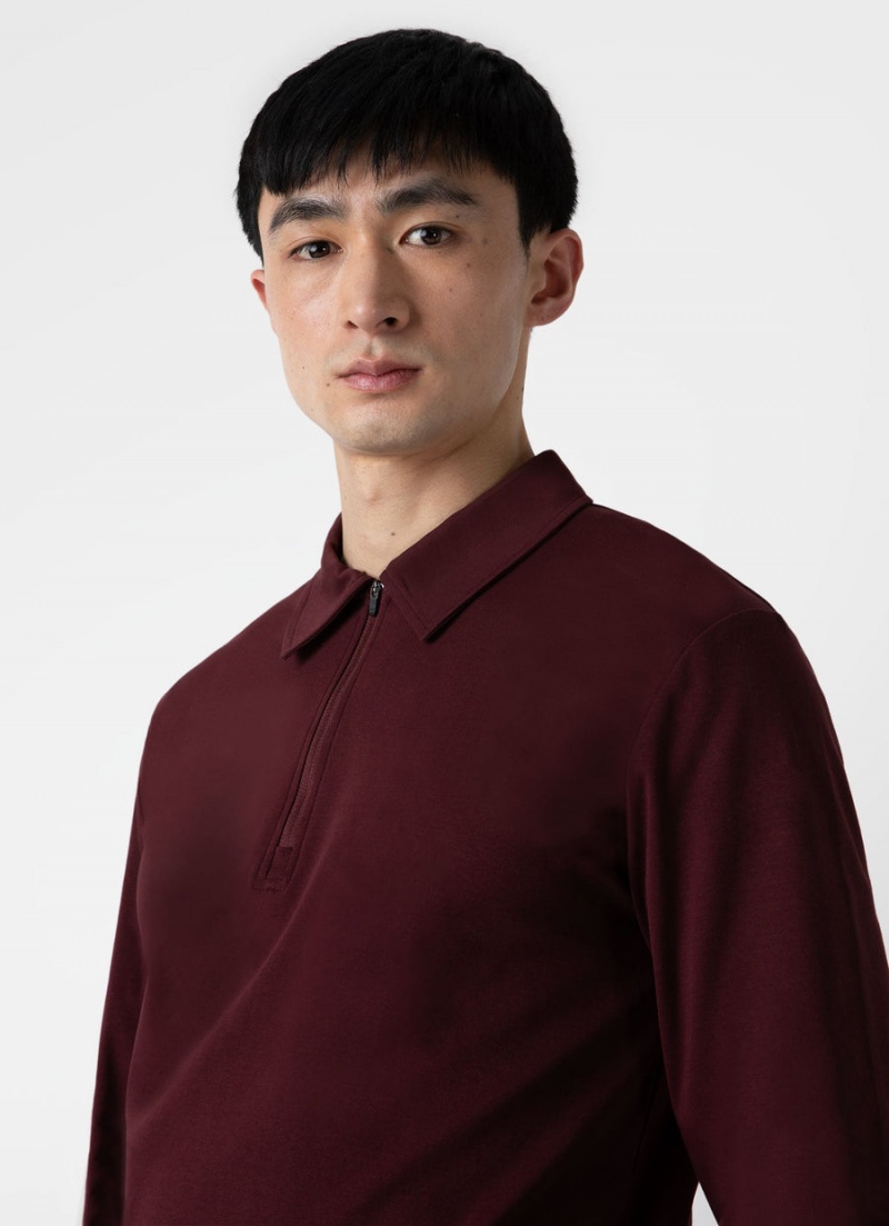 Red Sunspel Half Zip Heavyweight Polo Shirt | 61079-ULND | USA