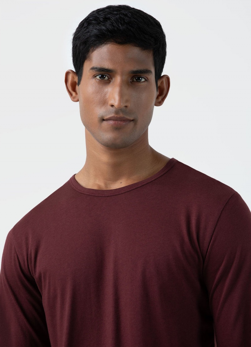 Red Sunspel Long Sleeve Cotton Modal Lounge T-shirt | 90175-TCDA | USA