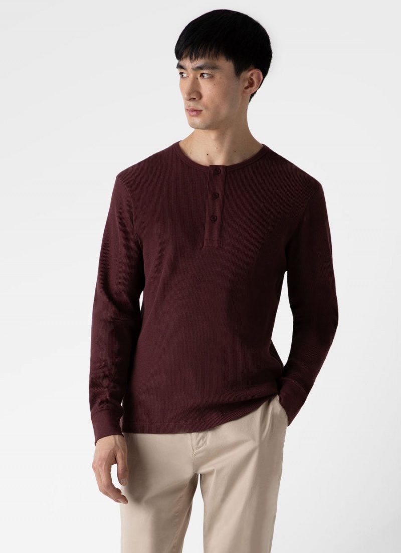 Red Sunspel Long Sleeve Waffle Henley | 89561-LREZ | USA